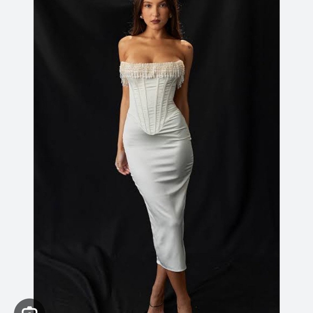 Nalita vintage cream pearl embellished midi corset dress